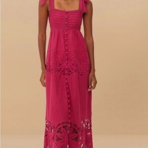 Farm Rio Fuchsia Lace-Detail Midi Dress